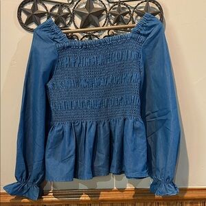 Thereabouts Stylish Blue Smocked Denim look Girls Blouse XL 16 NWOT